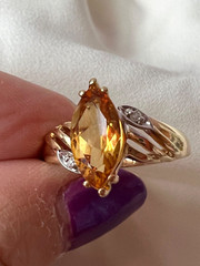 VINTAGE SOLID 14K YELLOW GOLD MARQUISE NAVETTE GOLDEN HONEY CITRINE DIAMOND RING