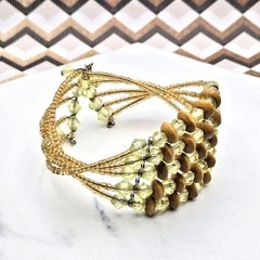 Vintage 70s Wood Yellow Bicone and Seed Bead Flexible Twisted Cuff Bracelet