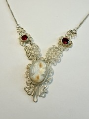 Antique Genuine Shell Cameo Faceted Red Stone Silver Tone Filigree Necklace