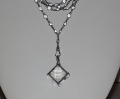 Antique Vintage Sterling Silver open-back faceted Crystal Chain Necklace Fob 63″