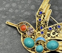 VTG Hummingbird Brooch Vermeil 925 Sterling Silver Turquoise Coral Blue Enamel