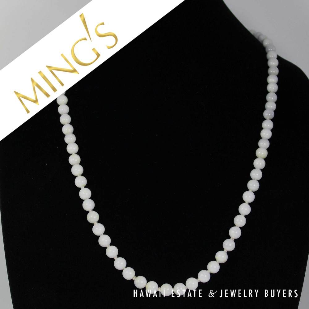 Ming’s Hawaii Pale Lavender Jade 9mm Bead 14k Yellow Gold Clasped Necklace 30″