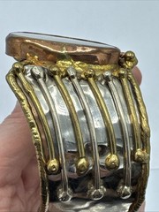 Vtg Modernist Mixed Metals Polished Agate Stone Chunky Cuff Bracelet 8″