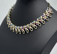 Vintage Mid Century Necklace Ribbon Link Design Gold Tone AB Rhinestone Unsigned