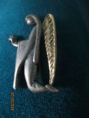 LIZ GATTA Angel Pin Brooch Silver Pewter GOLD TONE Signed Safety Catch Designer