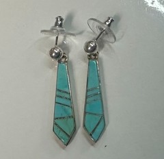 Calvin Begay Turquoise Inlay Dangle Earrings Native American Sterling Silver #8
