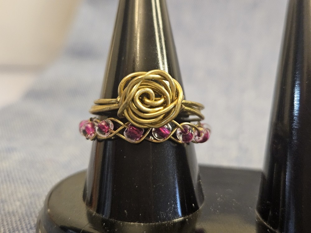 Handmade Gold Tone Wire Wrap Ring Set Of 2 w Rose & Round Pink Glass Beads USA 8