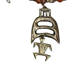 Brutalist Nancy NJ Young Kokopelli Tribal Carved Carnelian Bronze Charm Necklace