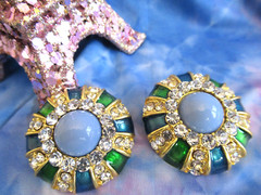 Large Rhinestone Earrings Green Blue Gold Medallion Clip-On Earring NEW