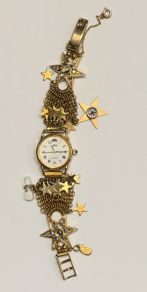 VINTAGE KIRK’S FOLLY CELESTIAL MOON STARS CHARM BRACELET WATCH COMPASS HOURGLASS