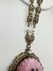 VTG Antique West Germany Couple Painted Bright Pink 32in Necklace Signed Read