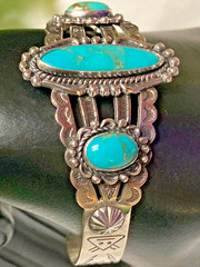 Fred Harvey Era Bell Trading Post Turquoise Three Stone Sterling Cuff Bracelet
