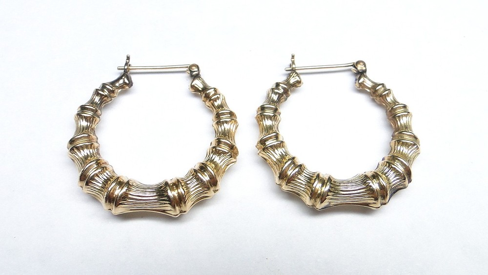 Fancy 14K Gold Ribbed Hooped Pierced YG Hoop Earrings