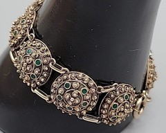 Antique Dutch 833 Silver Filigree Bracelet Green Glass Art Deco S-Hertogenbosch