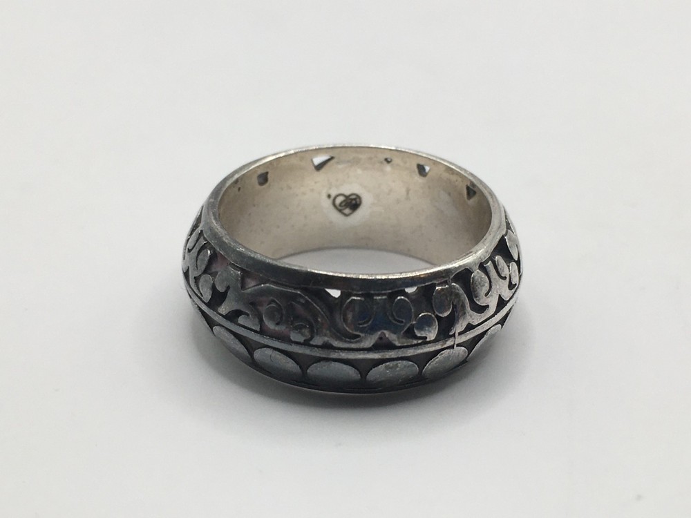 Retired Brighton Silver Plate Open Work Stamped Thick Band Ring Sz 8 Fits Sz 7.5