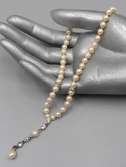 Vintage Faux Pearl Y Necklace Knotted Glass Bead Choker Rhinestone Teardrop Hook