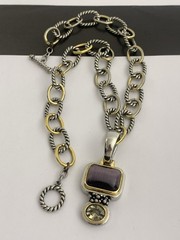 Vintage Silver and Gold Tone Cable Chunky Chain Necklace w/ Purple Stone Pendant