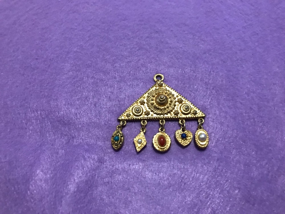 Vintage Triangle Pendant Filigree with dangle gems 2 1/2 inches