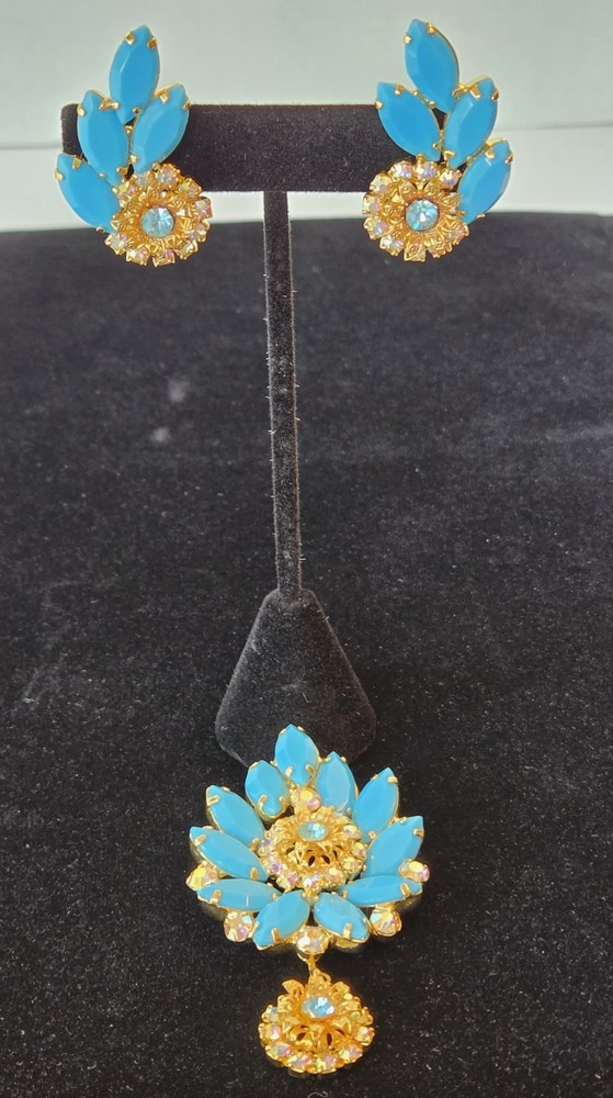 Juliana DE VTG Turquoise Marquise Pendant Necklace Clip Earrings Set READ Detail