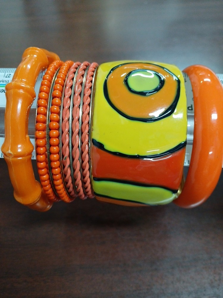 Vintage Orange Bangle Bracelet Lot Of Plastic Acrylic Metal 8-8.5