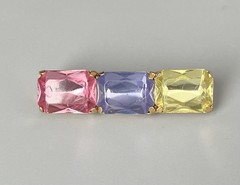 Vintage Gold Tone Metal Pink-Lavender-Yellow Plastic Stones Bar Brooch 2”