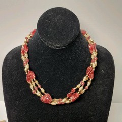Vtg Estate Gold Foil Cranberry Leaf Pearl Glass Beaded Collar Necklace 3 Strand