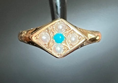 1873 Victorian Turquoise Seed Pearl 15k Gold Ring Birmingham Size 6.5+/- not 14k