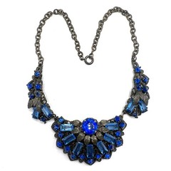 1930s Czech Blue Glass Rhinestone Pot Metal Floral Bib Necklace