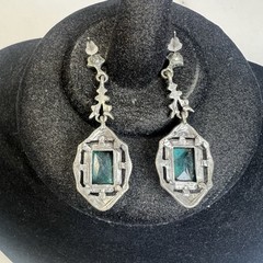 Beautiful Art Deco Inspired Silver Tone Faux Aqua Stones Drop Dangle Earrings