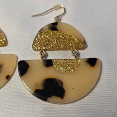 Half Moon Acrylic Resin Wire Earrings Blonde Tortoise Shell Gold Glitter Accents