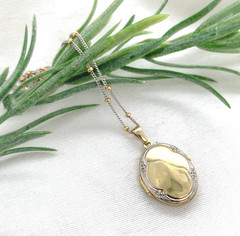 14k White Yellow Gold Locket w/18″ 14k White Gold Chain Yellow Gold Beads #J7354