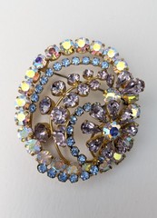Vintage Lilac & Blue Rhinestone Brooch Floral Swirls Unsigned Gorgeous!!