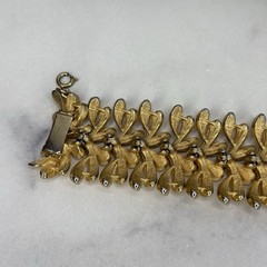 Vintage Signed Francois Brushed Gold Tone Leaf Design Wide Bracelet Safety Chain