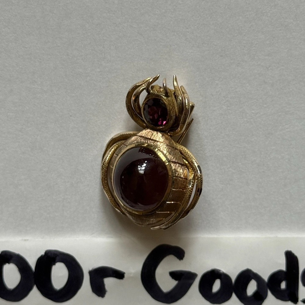 Vintage 14K Yellow Gold Rhodolite Garnet Spider Beetle Insect Brooch Pendant