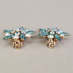 Vintage Judy Lee Rhinestone Brooch Clip On Earrings Set Blue Flower Original Box