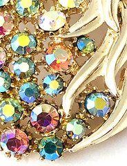 Vintage ART/ Arthur Pepper Aurora Borealis Rhinestone & White Enamel Leaves Pin