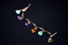 Vintage Silver Tone Feather Leaf and Assorted Gemstones Stone Bracelet 8”