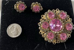 Vintage Pink Rhinestone Brooch and Matching Clip On Earrings Set