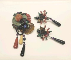 Gaetano Fazio Very Rare Jade, Cornelian, Tiger Eye Bead Brooch/Clip-on Earrings