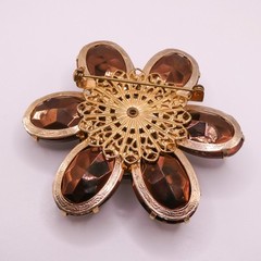 Vintage Brown Glass Rhinestone Gold Tone Flower Brooch Large 2.7″ Womens Mens