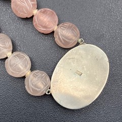 Chinese Export Blush Pink Carved Rose Quartz Necklace Floral Pendant 17 Inches