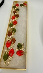 mid century jelly lucite goldtone leaves bracelet earring set orange green & ab