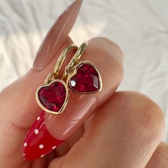 Valentine’s Day Gift 14K Yellow Gold Lab-Grown Ruby Lovely Heart Dangle Earrings