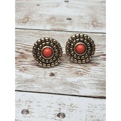 Vintage Screw On Earrings – Gold Tone Red Center Round Circle 0.75″