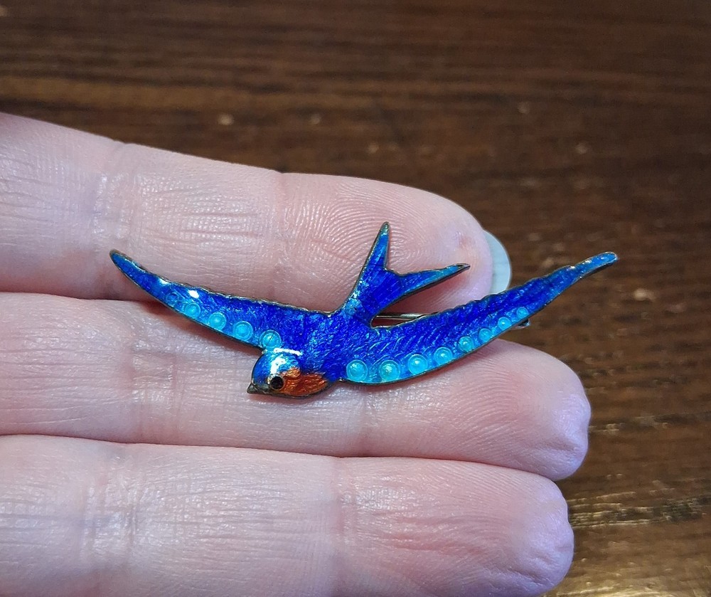 Antique Guilloche Enamel Bluebird Pin Brooch Slight Damage See Pics/Description
