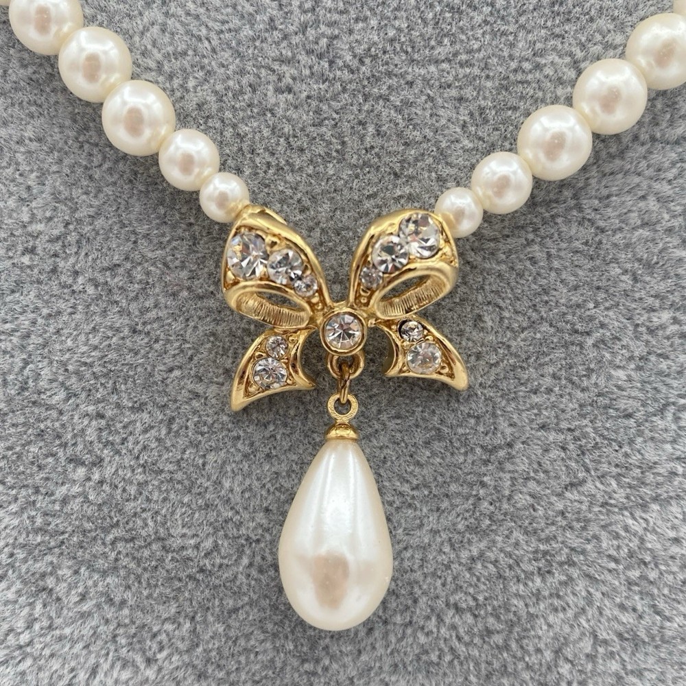 Vintage Faux Pearl Teardrop With Gold Tone Bow & Crystal Rhinestone Bib Necklace