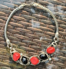 Vintage Unsigned Selro Style Red Black Glass Cabochon Statement Necklace MCM