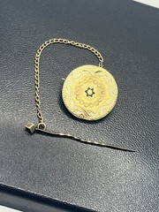 Victorian antique gold tone round brooch pin chain etched enamel flower design