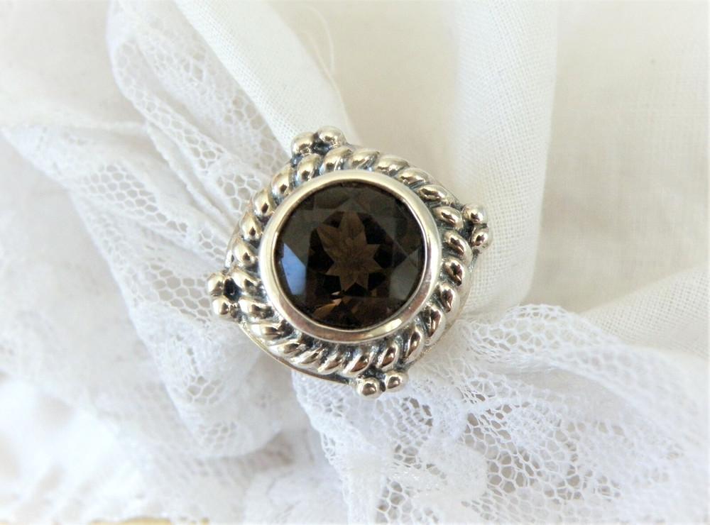 Sterling Silver 925 Heated Smoky Quartz Etruscan Style Chunky Ring Size 6