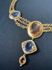 Vintage YSL Yves Saint Laurent Pink and Blue Glass Eye Gold Plated Necklace